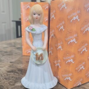 Enesco Collectible Blonde Girl 14th Birthday Figurine In Blue Dress. NIB